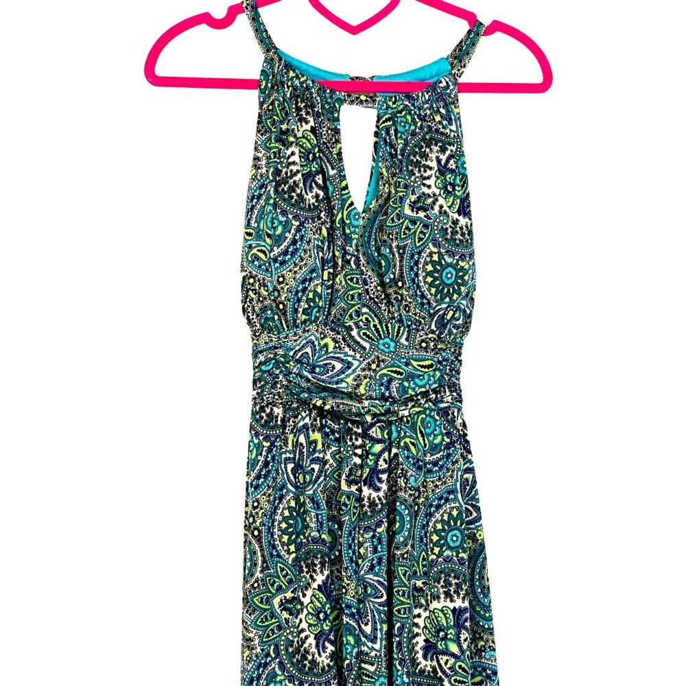 R&K Vintage 90s Blue Paisley Print Sleeveless Keyhole Cut Out Midi Dress Size 14 - Picture 4 of 11